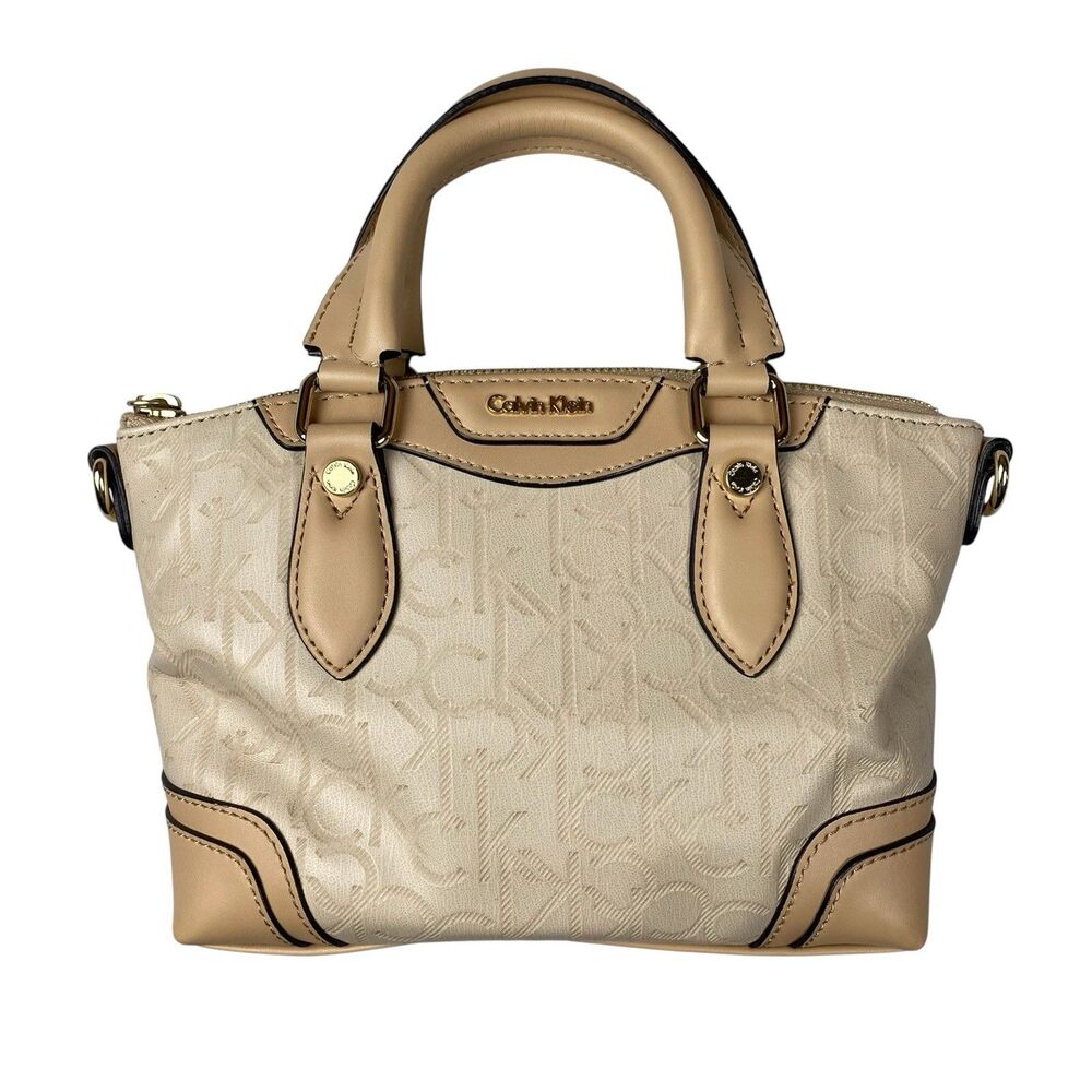 Calvin Klein Beige Logo Jacquard Satchel Handbag Top Handle Purse Zip No Strap